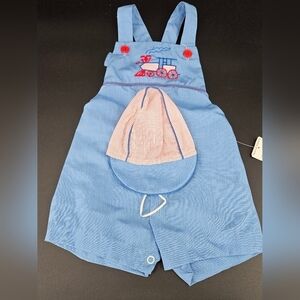 NWT Baby Togs 12 Months BLUE Train Overalls Romper & Matchig Hat 80s Vintage